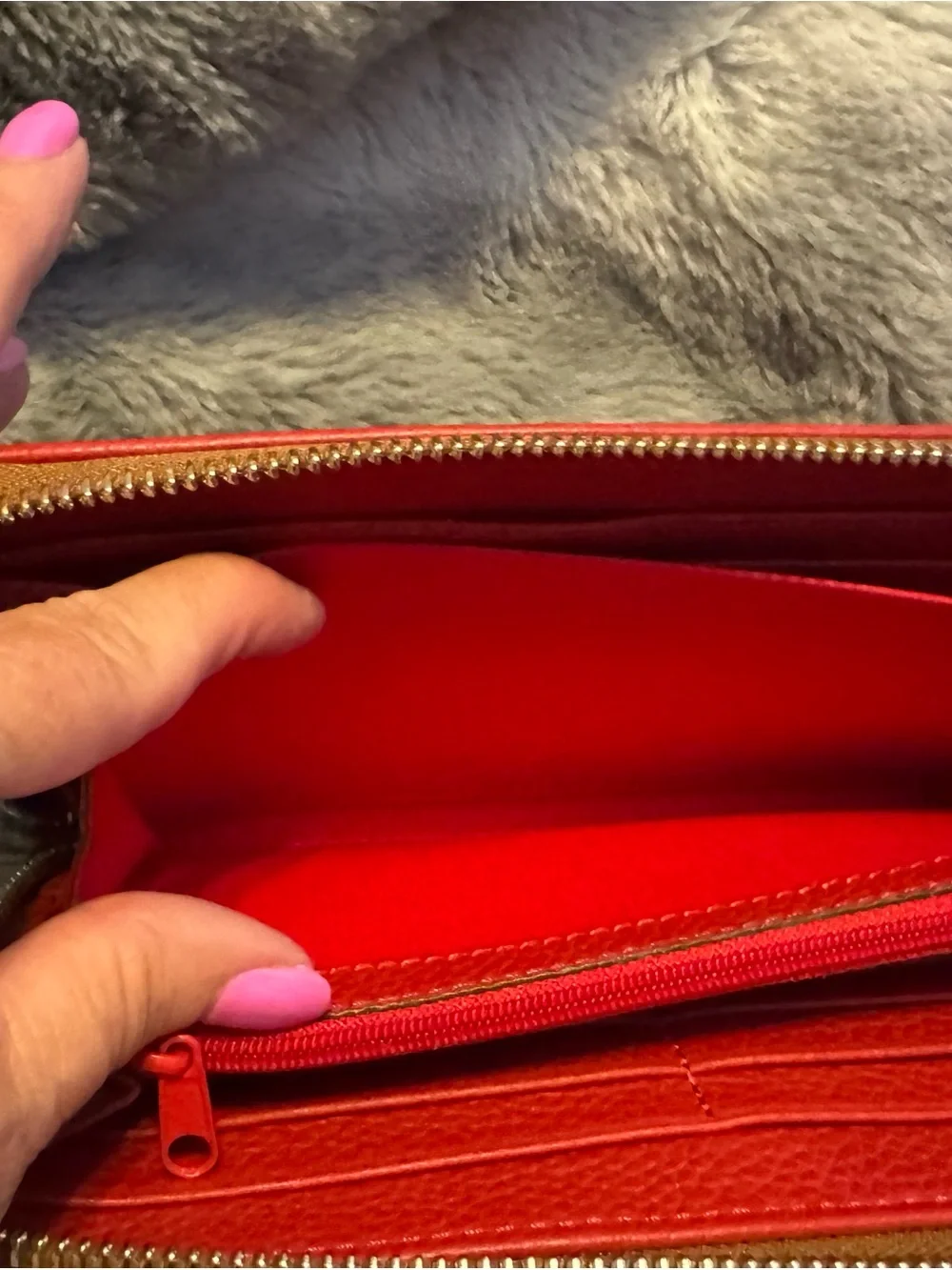 Dooney & Bourke Red Pebbled Leather Medium Zip Wristlet with Tan Strap